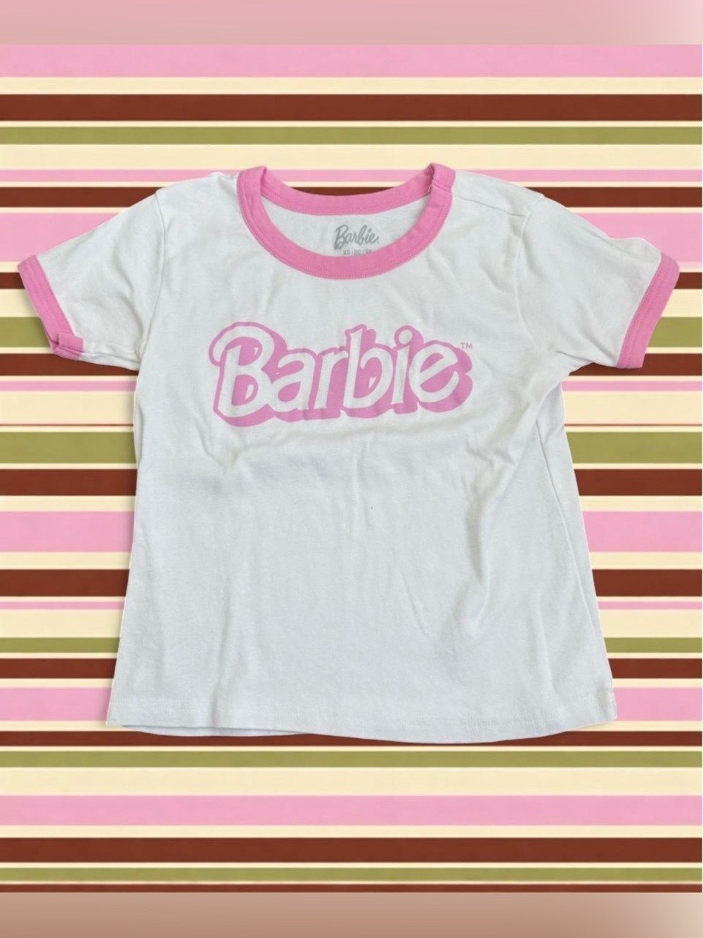 Barbie white cotton baby tee with pink trim and pink Barbie logo, size XS